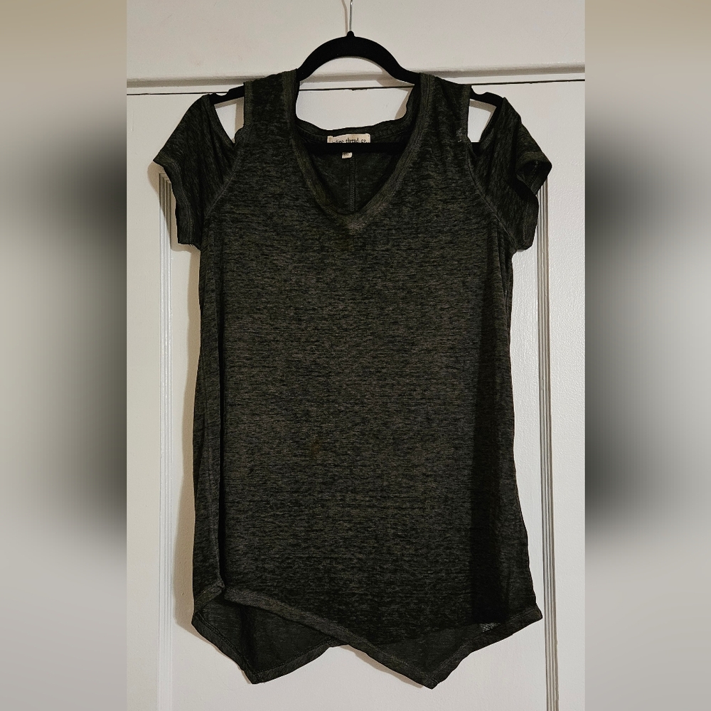 Indigo Thread Co. Tissue Weight Tshirt, peek-a-boo Sleeve, Asymmetrical hem